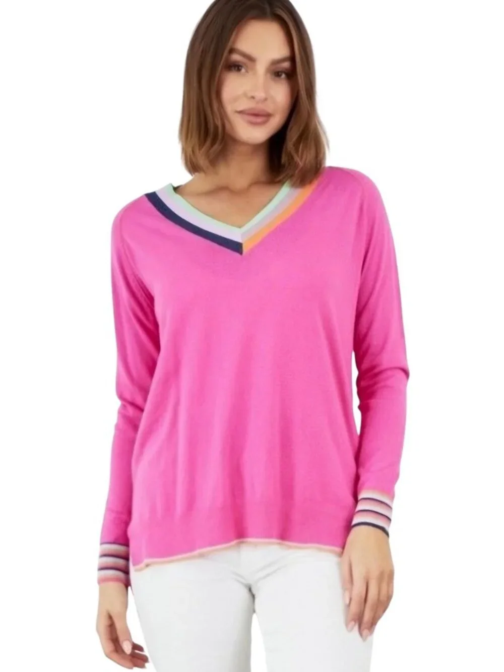 Zaket & Plover Preppy Silk Blend Stripe Detail V Neck Pink Multi Sweater Size XS